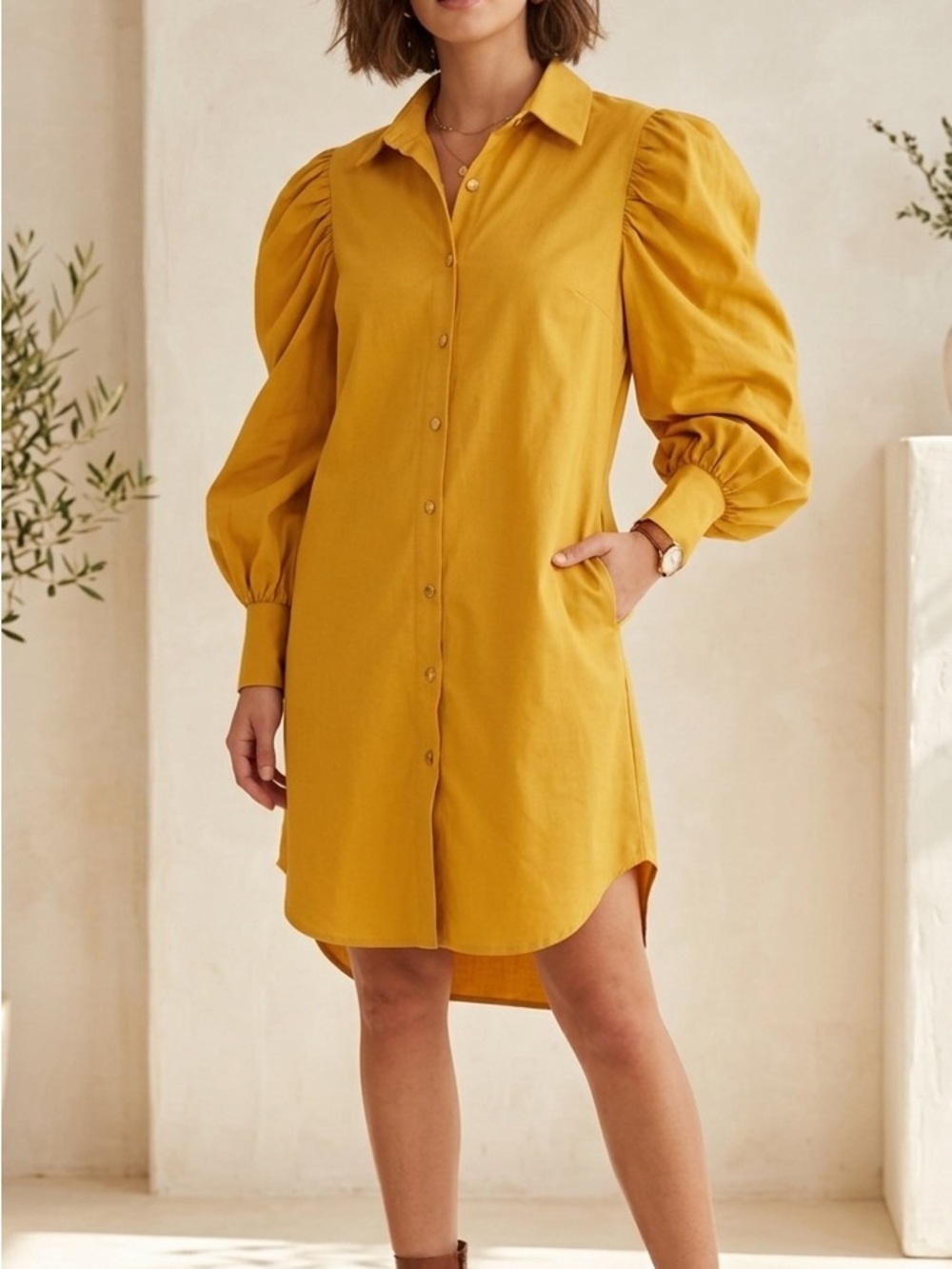 Metamorph Mustard Yellow Puff Sleeve Shirt Dress | Dramatic Sleeves | Size S/M